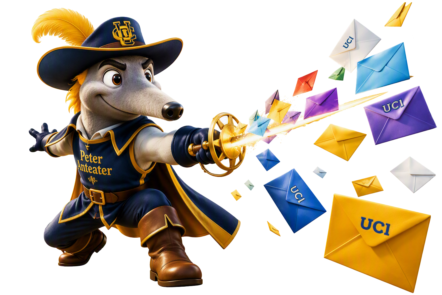 swashbuckling anteater with envelopes flying from sword